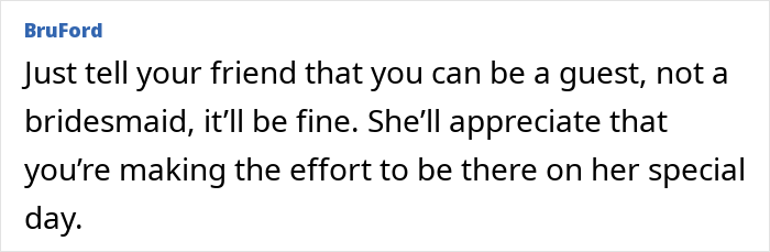 Text message discussing a woman upset after being asked by bride-to-be to pay for her own bridesmaid&rsquo;s dress.