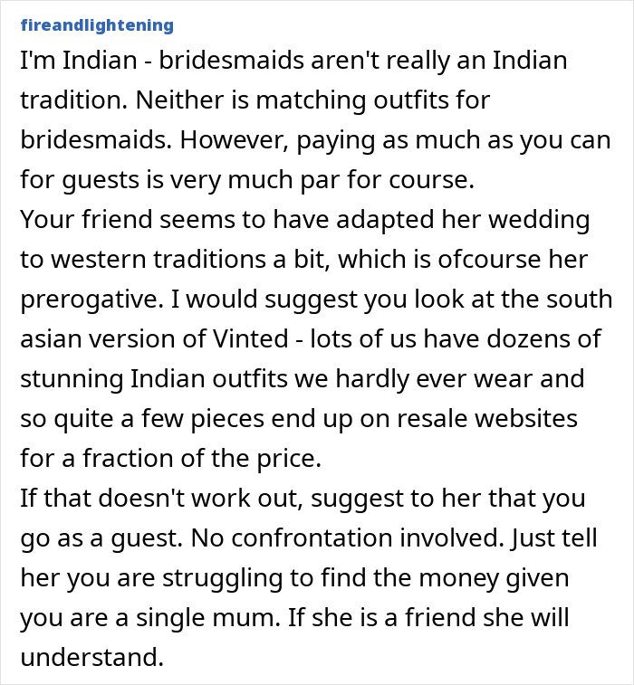 Upset woman reacting to bride-to-be asking her to pay for her own bridesmaid dress at a wedding event.