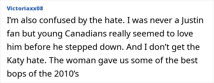 Comment discussing confusion over hate towards Justin Trudeau and Katy Perry amid romance rumors after ex-wife's cryptic message.