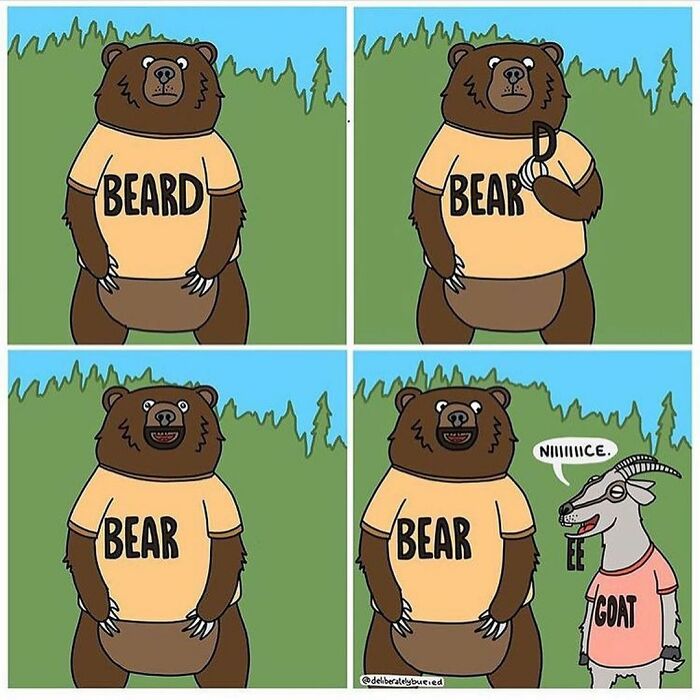 Comic featuring a bear with a shirt pun and a goat with a darker sense of humor in an unexpected ending.