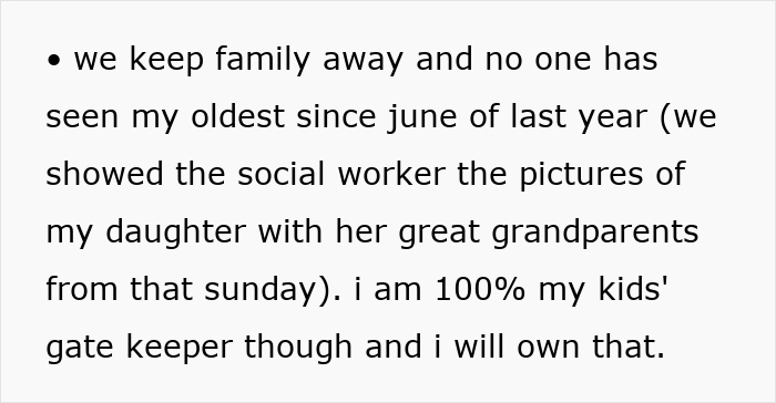 Text excerpt about keeping family away from a newborn and showing social worker photos, focusing on toxic in-laws and newborn protection.