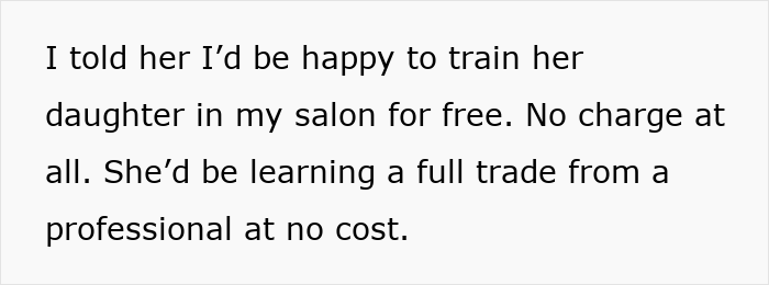 Alt text: Woman upset friend doesn&rsquo;t give cash but offers a favor instead, explaining free salon training offer.