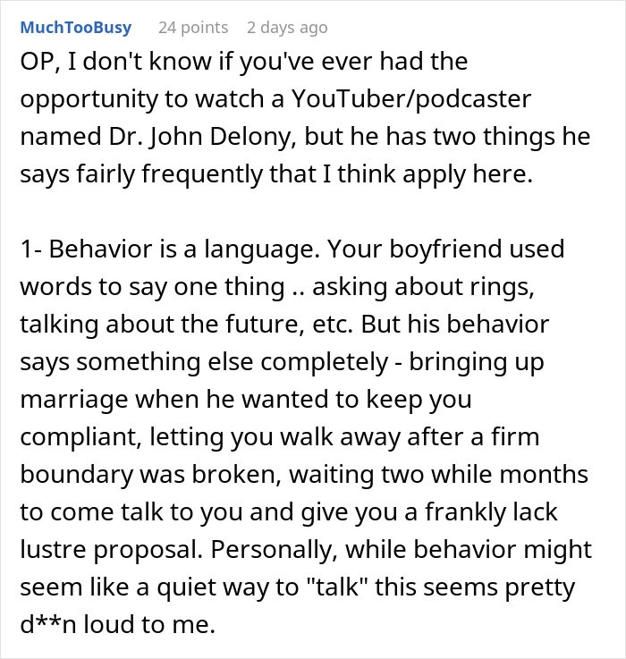 Screenshot of a Reddit comment discussing a man proposing two months after his girlfriend dumped him and showing his true colors.