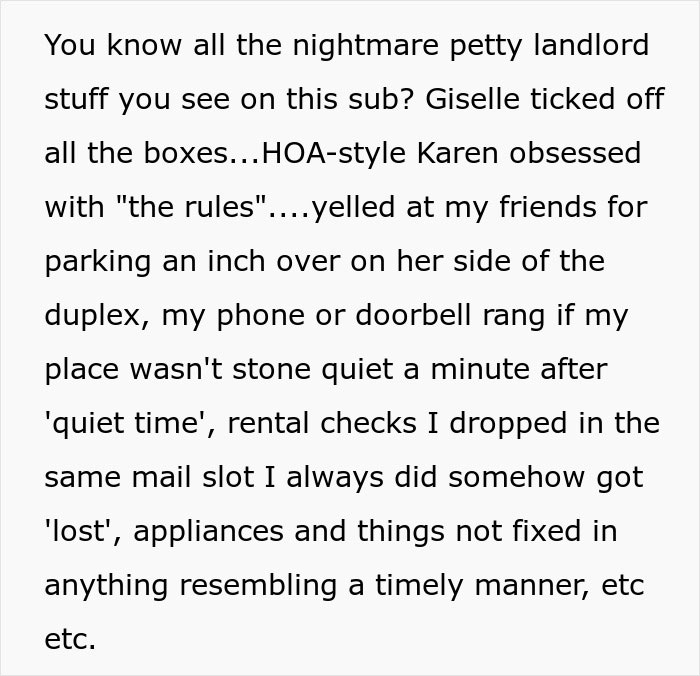Text excerpt describing an on-site landlord acting awful with petty rules and issues, leading to rent doubled.