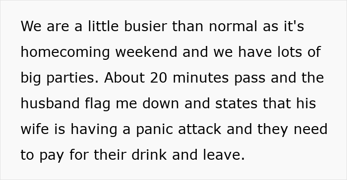 Customer describes an autistic woman having a panic attack at a busy restaurant, causing payment and service issues.