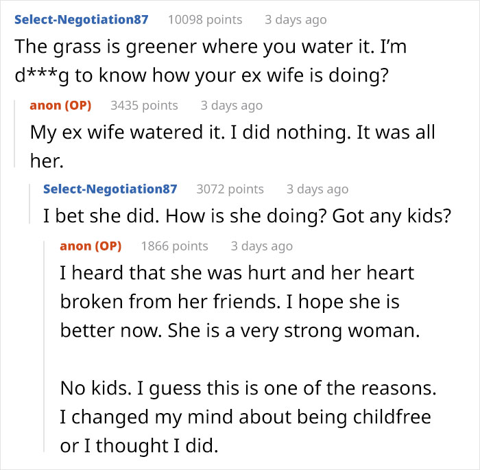 Reddit conversation discussing a man&rsquo;s regrets after leaving his wife for a younger woman and the harsh realities faced.
