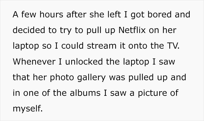 Text on a white background describing a man discovering secret photos his girlfriend took of him after only five weeks of dating.