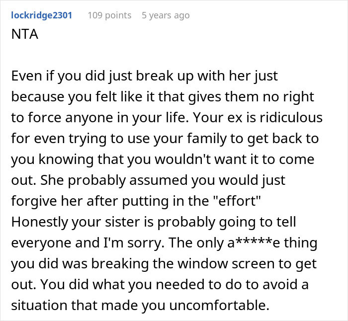 Screenshot of a user comment explaining why a guy runs out the window after his mom&rsquo;s attempt to reconcile him and his ex-fianc&eacute;.