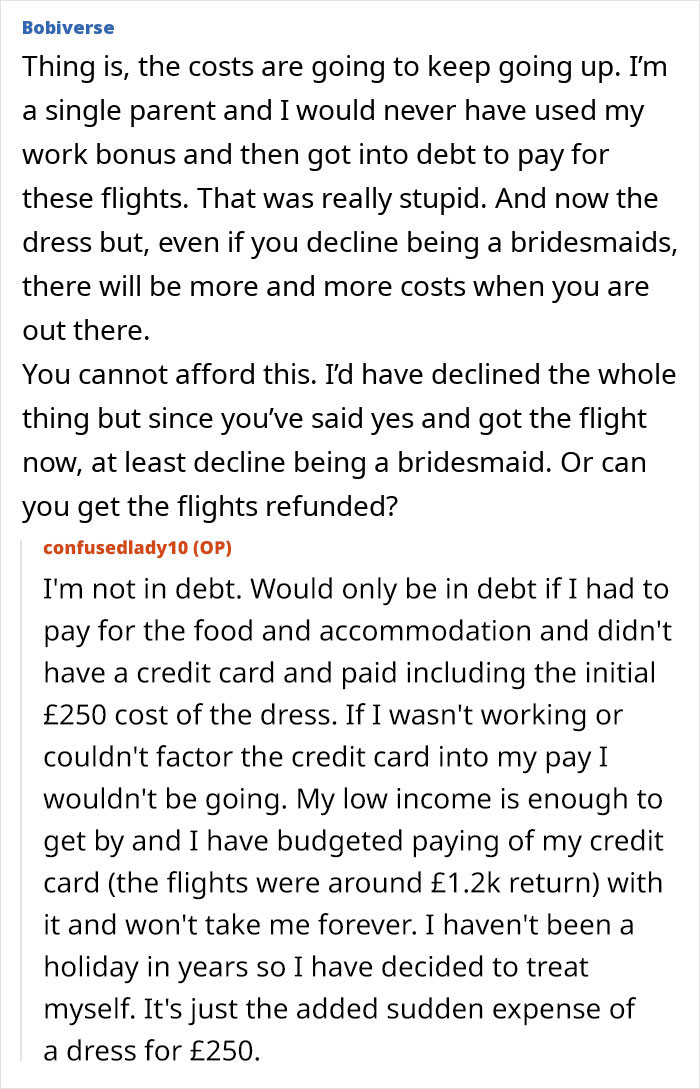 Text conversation about financial struggles of a woman upset after being asked to pay for her own bridesmaid dress.