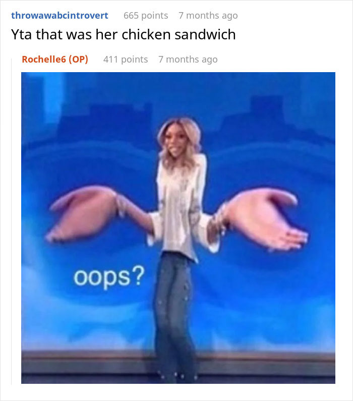 Woman with exaggerated large hands shrugging in front of blue background with word oops, related to chicken sandwich and political debate.