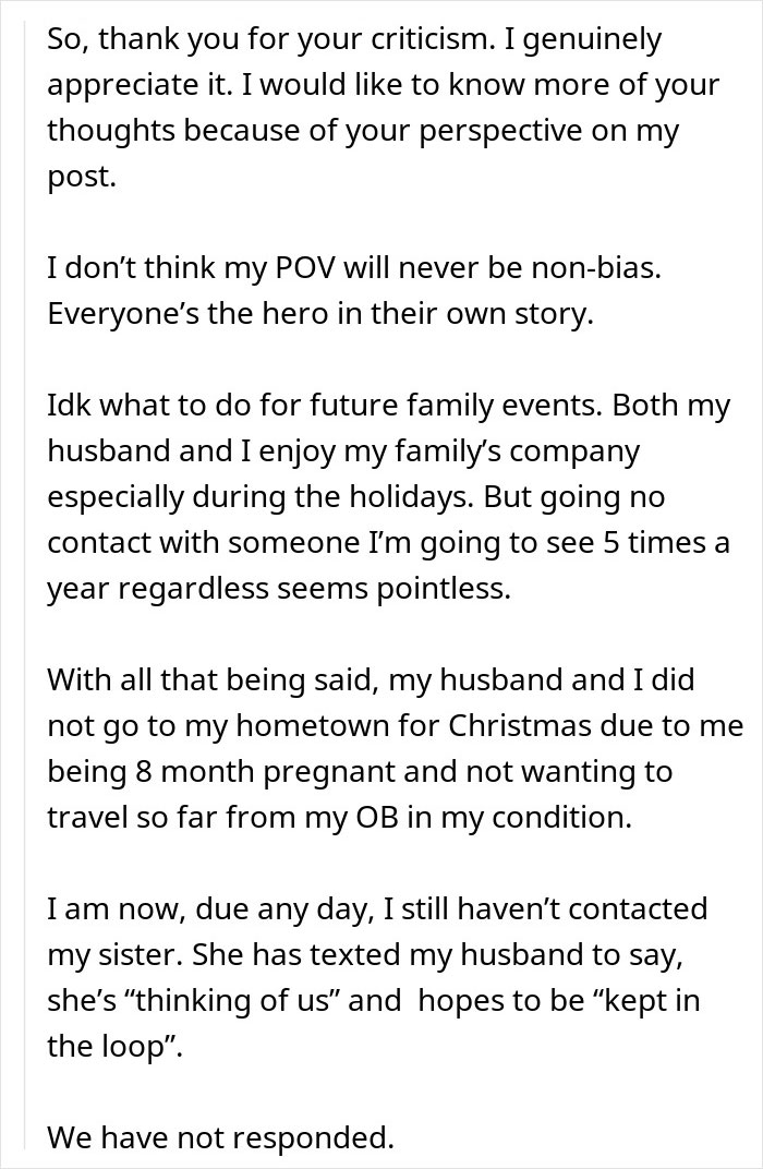 Pregnant woman explains going no-contact with sister after family Thanksgiving dispute during holiday season.