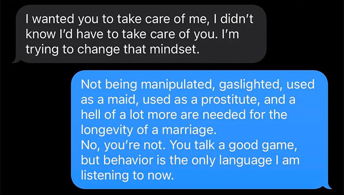 Text message exchange showing a woman reconsidering her marriage after disturbing confession and emotional manipulation.