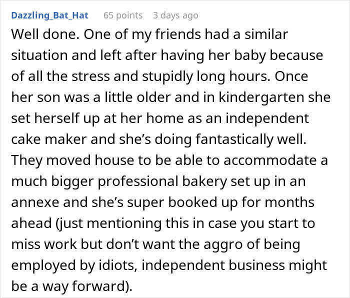 Woman takes revenge on bakery manager by starting her own successful independent cake business.