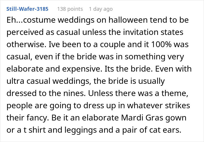 Comment discussing costume weddings on Halloween, expressing disappointment and anger about the groom and bride's attire choices.