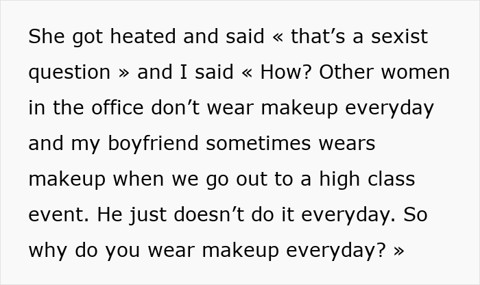Alt text: Man questions coworker about why she wears makeup every day, sparking online reactions and discussions about makeup habits.