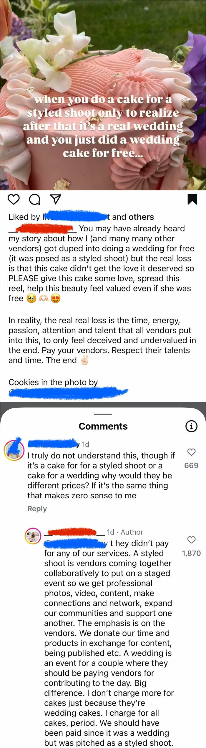 Pink wedding cake with floral decorations and text about being duped into making a free wedding cake by vendors.