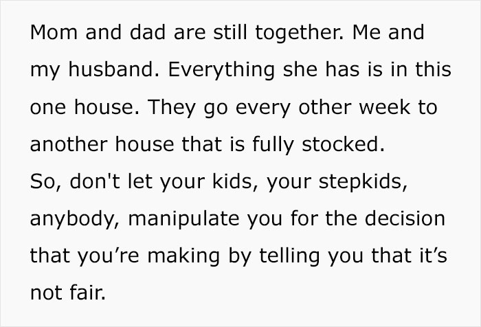 Text excerpt discussing a mom explaining why her biological daughter has the biggest room, sparking debate about fairness in the house.