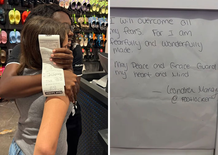 Mom and daughter hugging in a shoe store as brands step up to help with bullying over clothes.