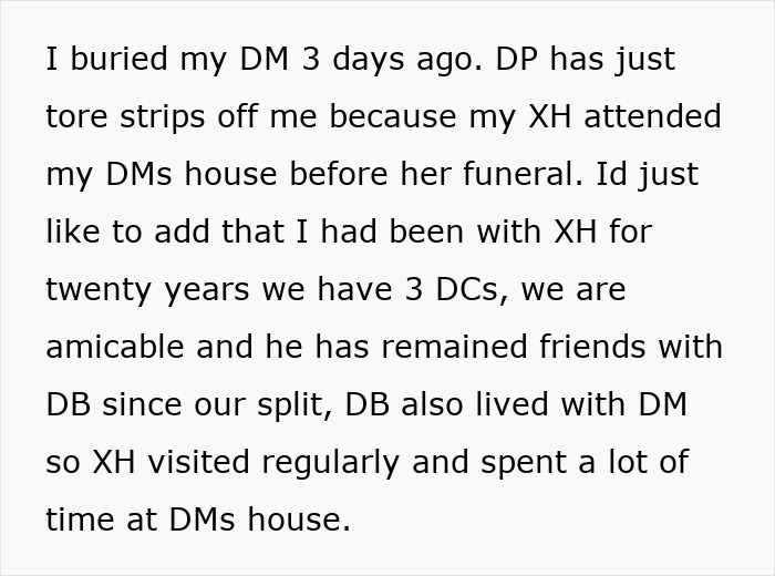 Text discussing tensions between a mother&rsquo;s partner and ex-husband related to funeral and family dynamics.