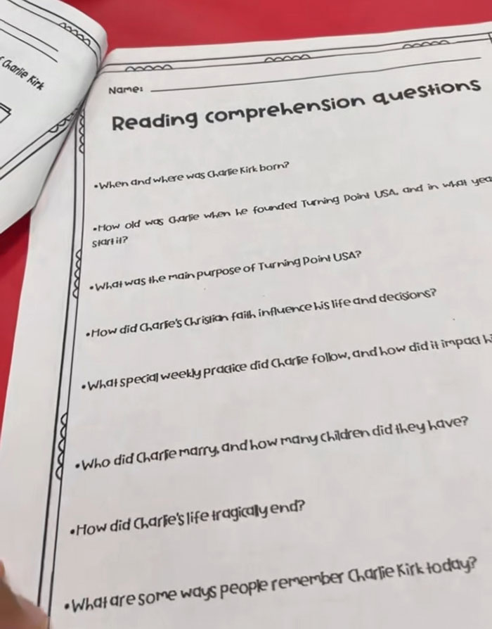 Homework assignment with reading comprehension questions about Charlie Kirk for a 5th grader sparking outrage online.