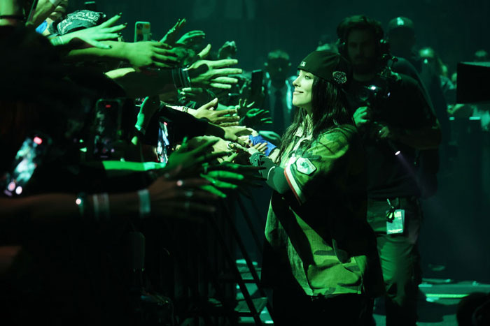 Billie Eilish interacts with fans on stage during Miami concert amid snatching incident outrage.