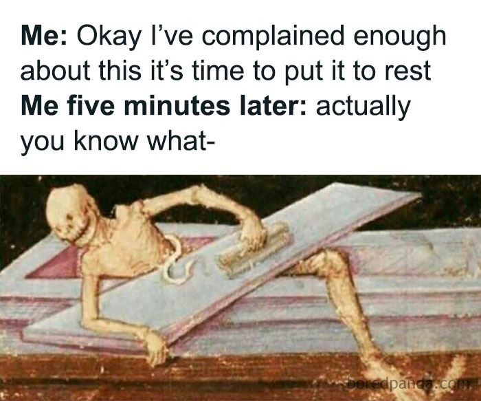 Skeleton humorously emerging from a coffin with modern captions added to old paintings for comedy gold.