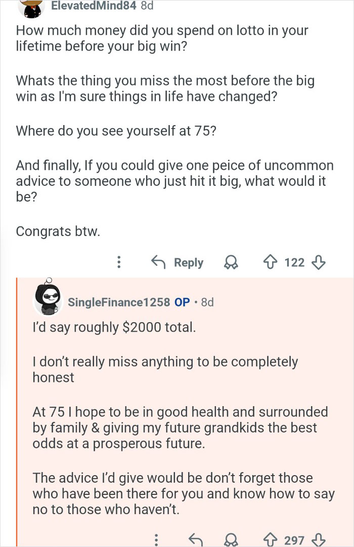 Screenshot of a Reddit conversation about the experiences of a person who won $7M in the lottery.