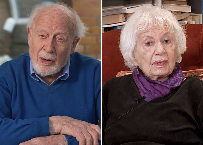 Holocaust survivor Ruth Posner and her husband in separate interviews, sharing personal reflections indoors.