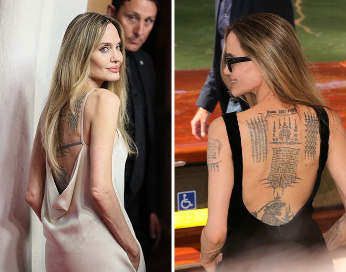 Angelina Jolie showing extensive back tattoos at public events, highlighting celebrities with tattoos and their body art styles.