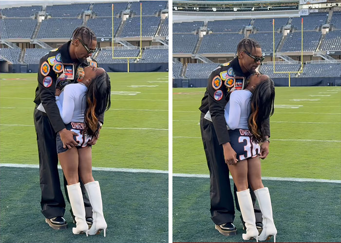Simone Biles and Jonathan Owens on football field sharing a public display of affection amid viral social media backlash.