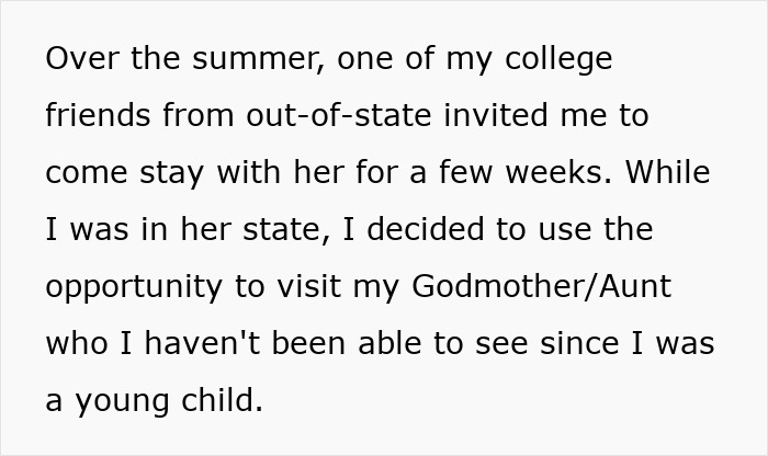 Text excerpt discussing a college friend visit and reconnecting with a godmother amid parents lied food allergies daughter no contact.