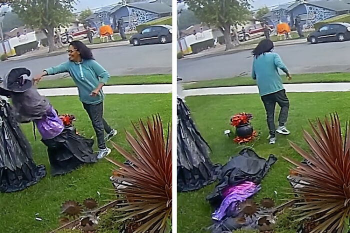 Woman aggressively attacking Halloween witches decorations on neighbor's lawn in viral footage captured outdoors during daytime.