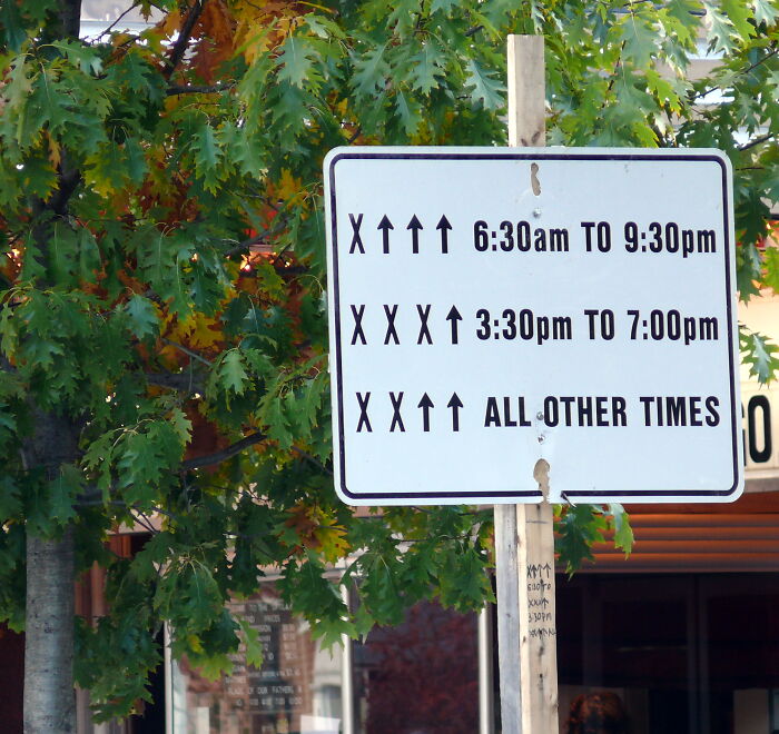 Confusing road sign with multiple arrows and time restrictions displayed on a white background near trees.