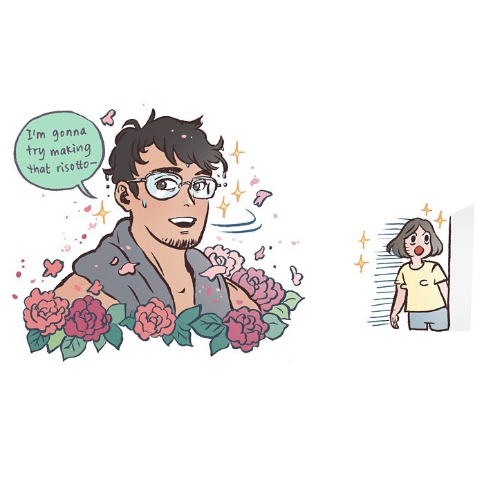 Comic panels by Malaysian artist showing school life moments with tall geeky husband, capturing relatable everyday scenes.