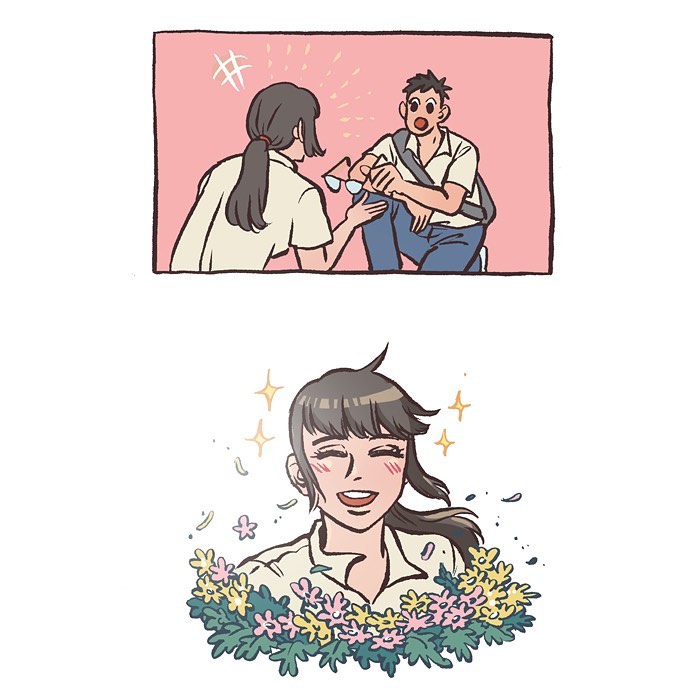 Comic panels by Malaysian artist showing school life moments with tall geeky husband, capturing relatable everyday scenes.