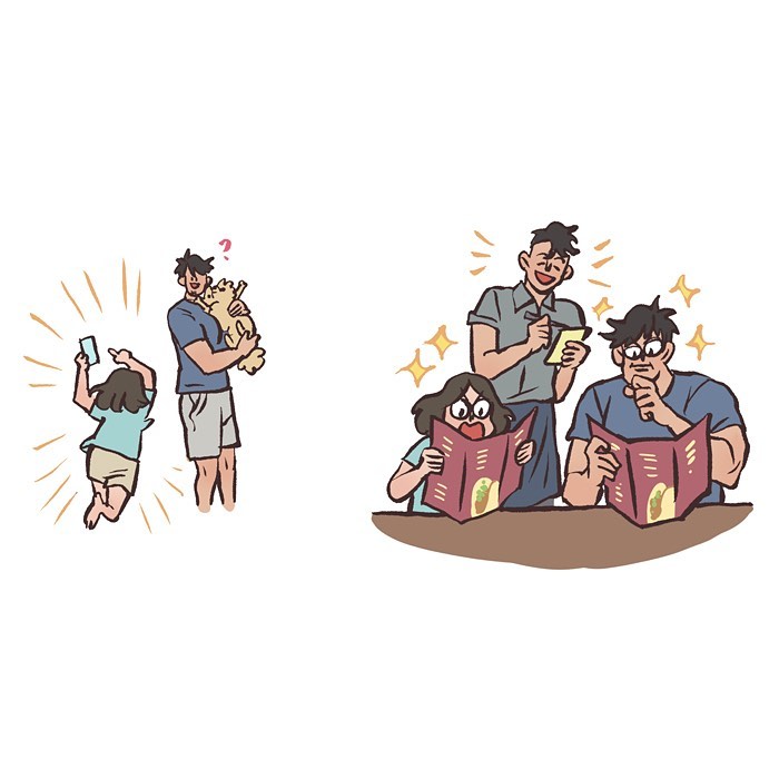 Malaysian artist cartoon showing a hand taking a photo of food and a woman excitedly looking at her phone.