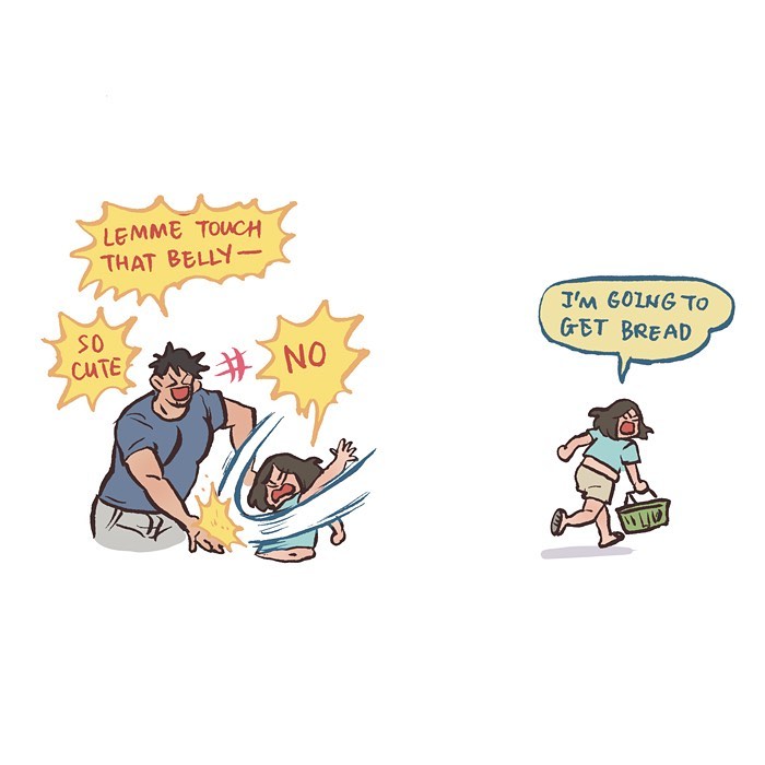 Malaysian artist cartoon showing a hand taking a photo of food and a woman excitedly looking at her phone.