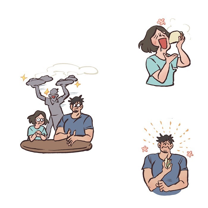 Malaysian artist cartoon showing a hand taking a photo of food and a woman excitedly looking at her phone.