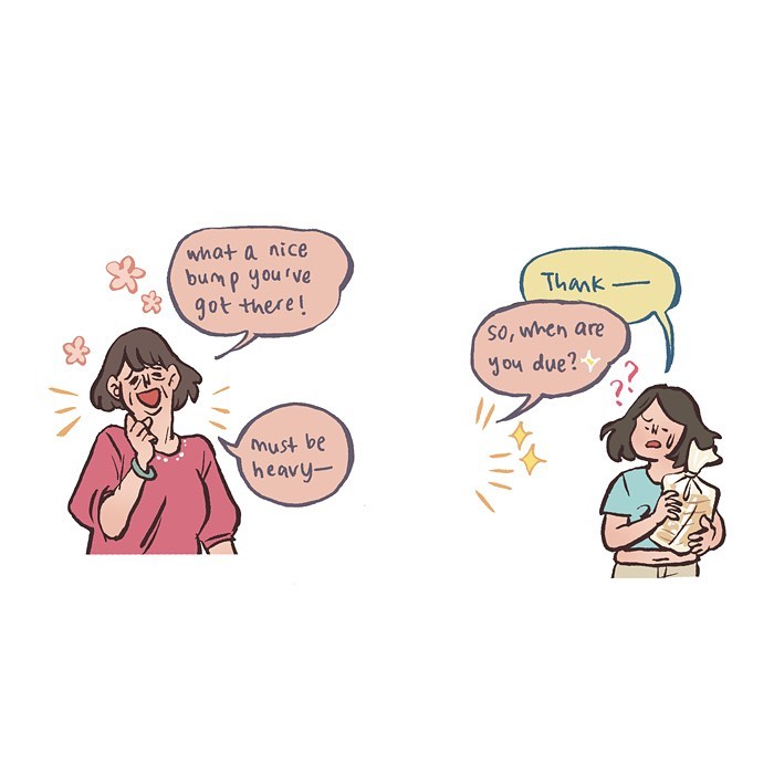 Malaysian artist cartoon showing a hand taking a photo of food and a woman excitedly looking at her phone.