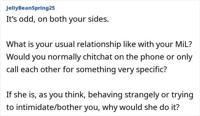 Text post discussing the relationship and phone calls between a daughter-in-law and her mother-in-law.