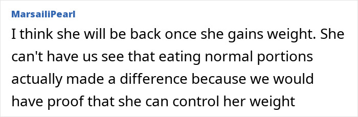 Comment by user MarsailiPearl discussing weight control in response to plus-size activist and free plane seats controversy. Comment by user MarsailiPearl discussing weight control in response to plus-size activist and free plane seats controversy.