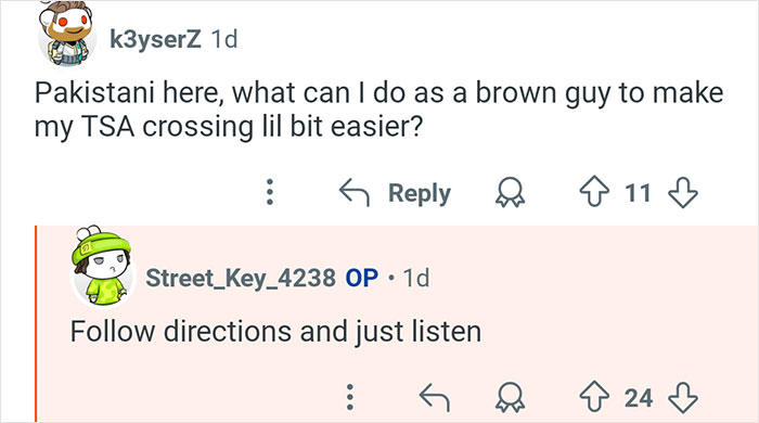 Reddit conversation about TSA with user asking how to make TSA crossing easier and former TSA worker advising to follow directions.