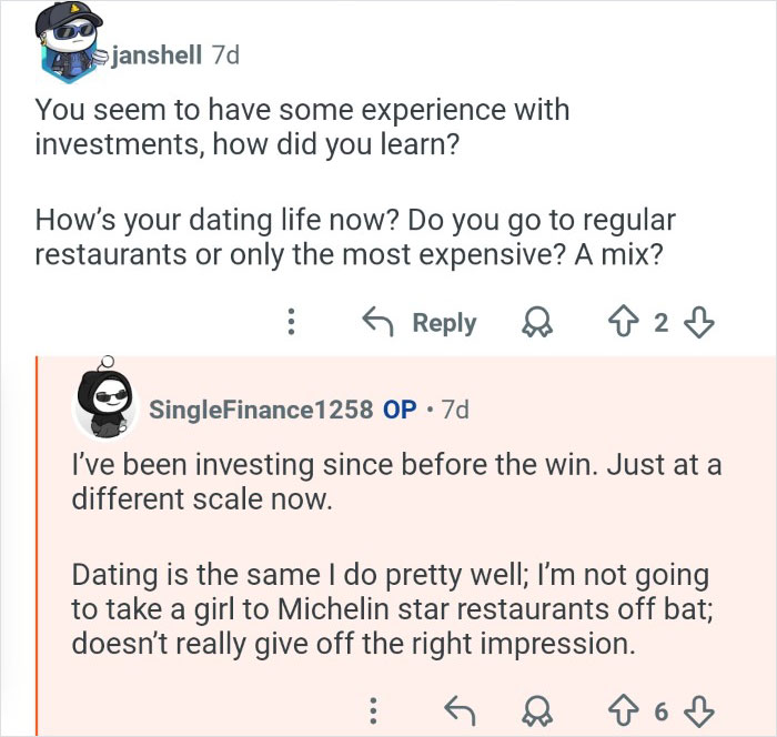 Reddit conversation about lottery winner’s experience with investments and dating life a year after winning $7M.