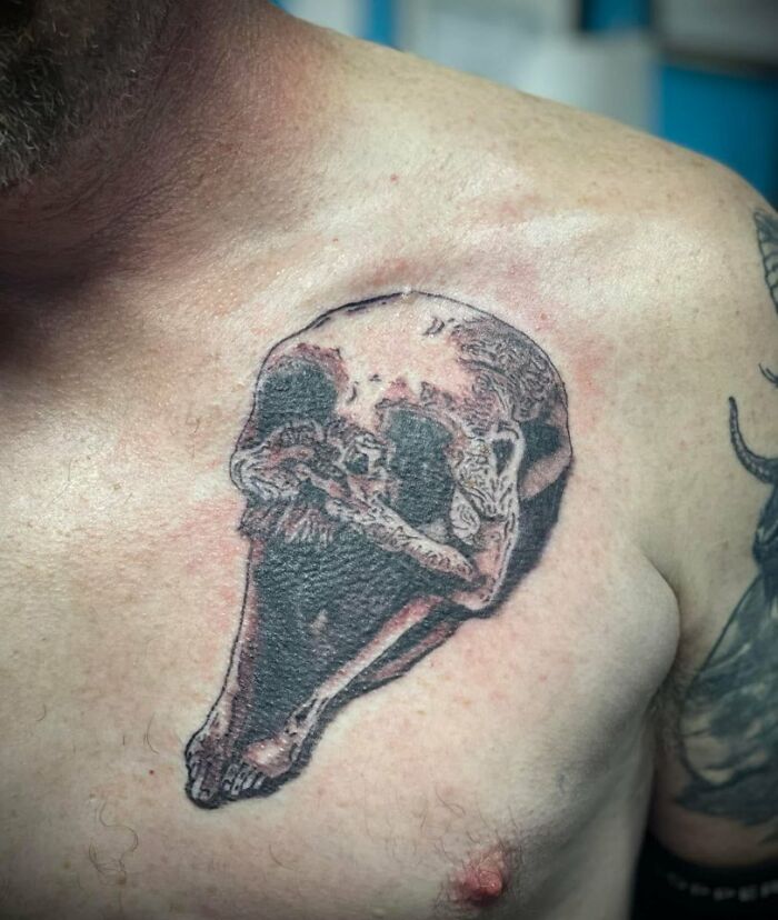 Close-up of a unique skull tattoo on a man’s chest, showcasing one of the unusual tattoos people allowed on their bodies.