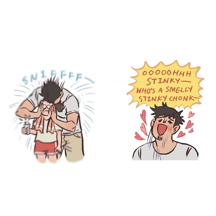 Malaysian artist cartoon shows tall geeky husband sniffing their relaxed sleeping pet in a relatable comic scene.