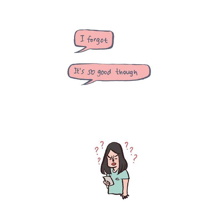 Malaysian artist’s relatable comic showing her reaction to her tall geeky husband’s food pictures while drawing at a desk.