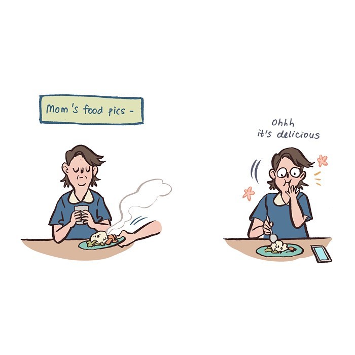Malaysian artist’s relatable comic showing her reaction to her tall geeky husband’s food pictures while drawing at a desk.