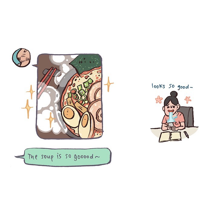 Malaysian artist’s relatable comic showing her reaction to her tall geeky husband’s food pictures while drawing at a desk.
