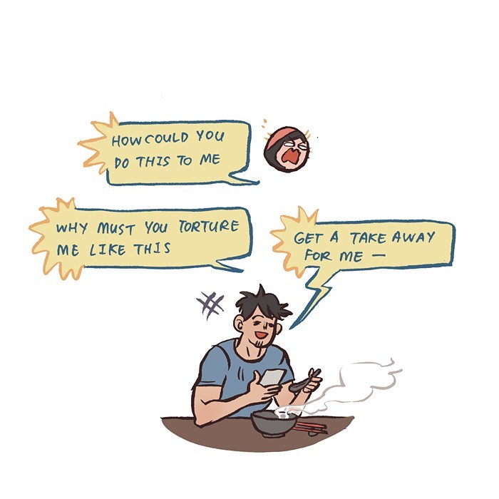 Malaysian artist’s relatable comic showing her reaction to her tall geeky husband’s food pictures while drawing at a desk.