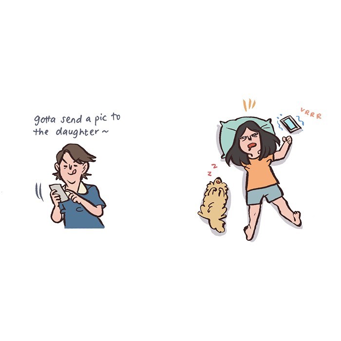 Malaysian artist’s relatable comic showing her reaction to her tall geeky husband’s food pictures while drawing at a desk.